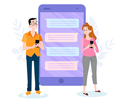 Cartoon image of man an a woman holding mobile phones and receiving text messages