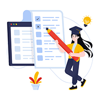Cartoon image of woman wearing graduation cap holding a very large pencil pointing to a screen with a check box