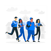 Cartoon of four students with backpacks walking with books and a model volcano in hand.