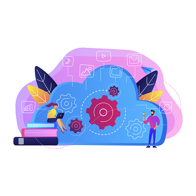 Cartoon image of woman sitting on books while using a a laptop