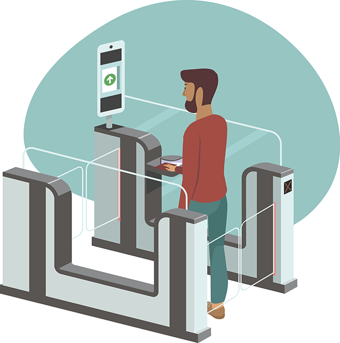 Cartoon image of man scanning his id into a border entry system